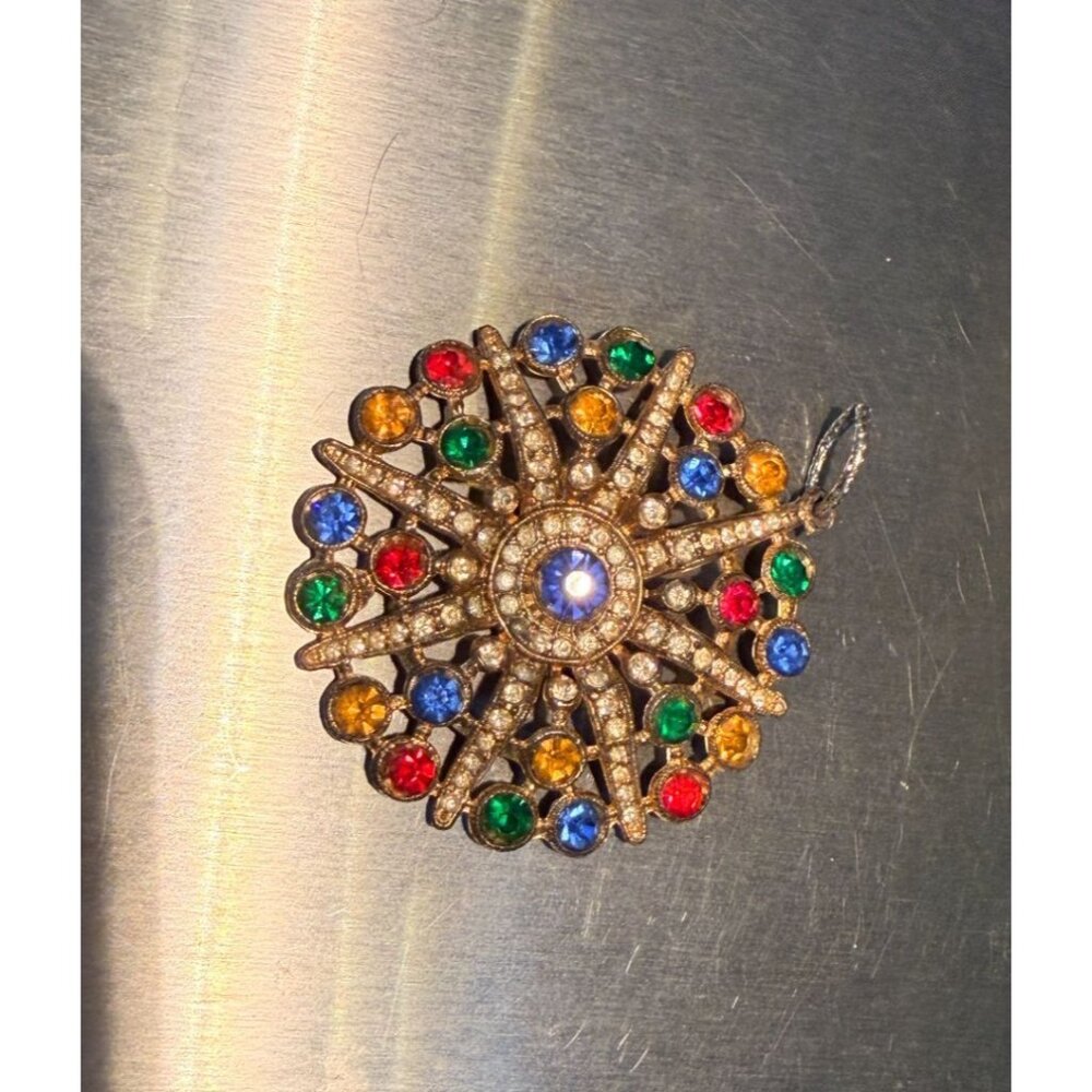 Vintage Multicolor Rhinestone Sunburst Pendant 2" Gold Tone Statement Retro 60s